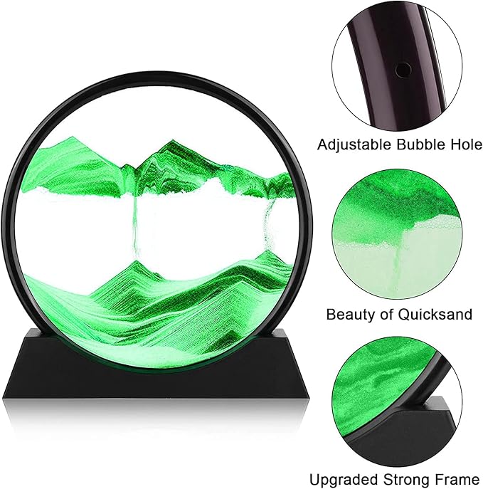 rysnwsu 3D Dynamic Sand Art Liquid Motion, Moving Sand Art Picture Round Glass 3D Deep Sea Sandscape in Motion Display Flowing Sand Painting Relaxing Desk Toys (Green, 12'')