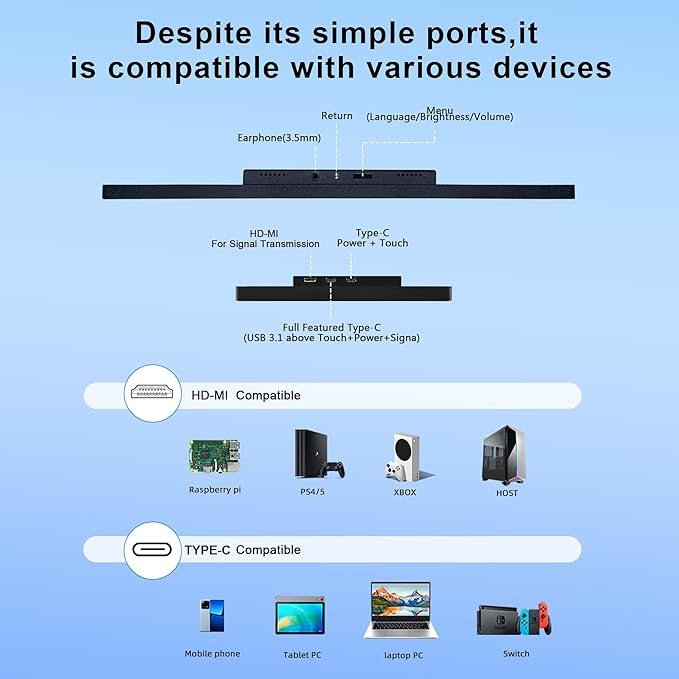12.3 Inch Touchscreen Monitor, FHD IPS 1920x720 Stretched Bar LCD Touch Display Screen, Travel Portable Touch Screen Secondary Display for Computer Windows macOS Aida64 GPU CPU RAM Monitoring