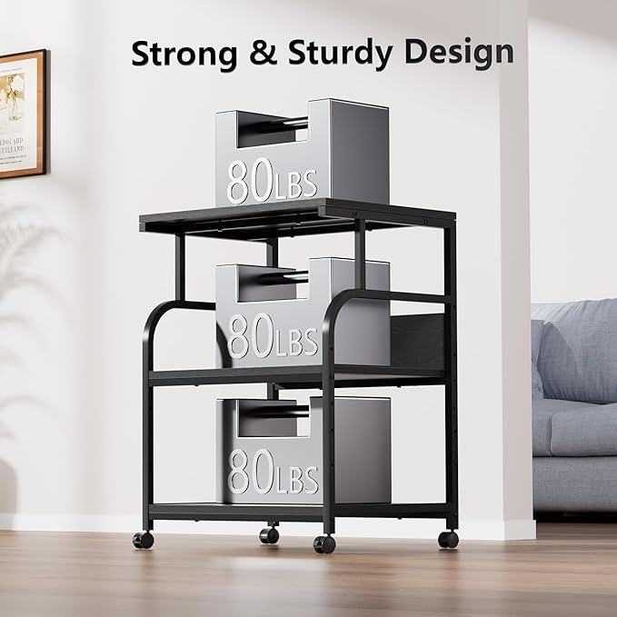 VECELO Adjustable Large Printer Stand with Power Outlet, 3-Tier Heavy Duty Cart on Lockable Wheels, Office Storage Table for Home Office, 3D Printer, Fax Machine, Scanner, Classic Black
