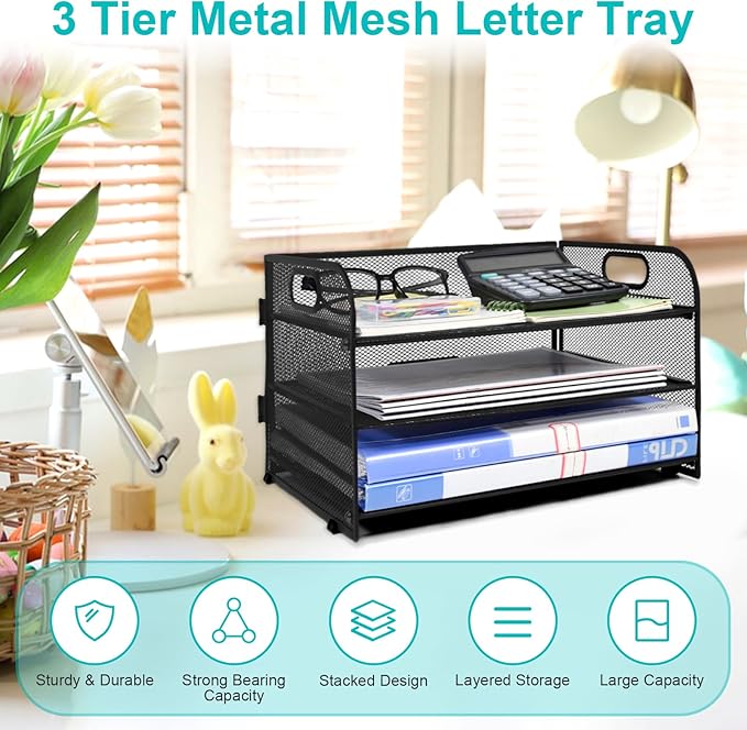 SAYEEC 3 Tier Paper Organizer Letter Tray with Handle Black Mesh Desk File Organizer with 1 Sliding Tray and 160 Paperclips Metal File Folder Holder Document Mail Paper Sorter for Office Home School