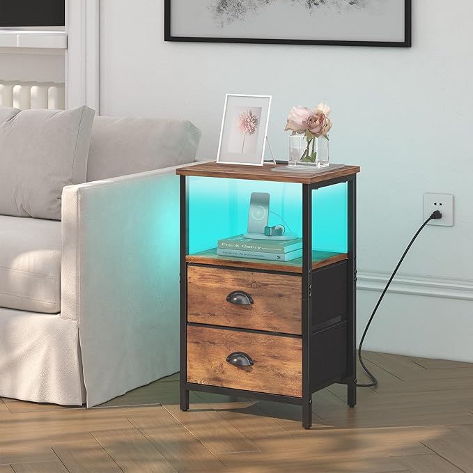 Sthmec Rustic Brown Industrial Nightstand Set of 2, Bedside Table with 2 Fabric Drawers, 3-Tier Storage, LED Light, Charging Station, 11.38''D * 15.38''W* 24.75''H