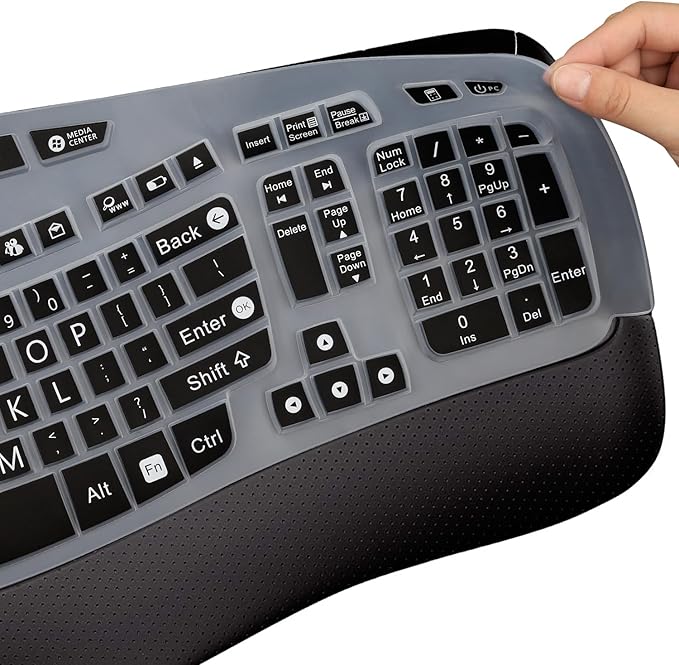 MUBUY-GOL Large Print Keyboard Cover for Logitech K350 Wireless Wave Keyboard, MK570, MK550; Black Silicone; Water Resistant, Dust Proof, Washable