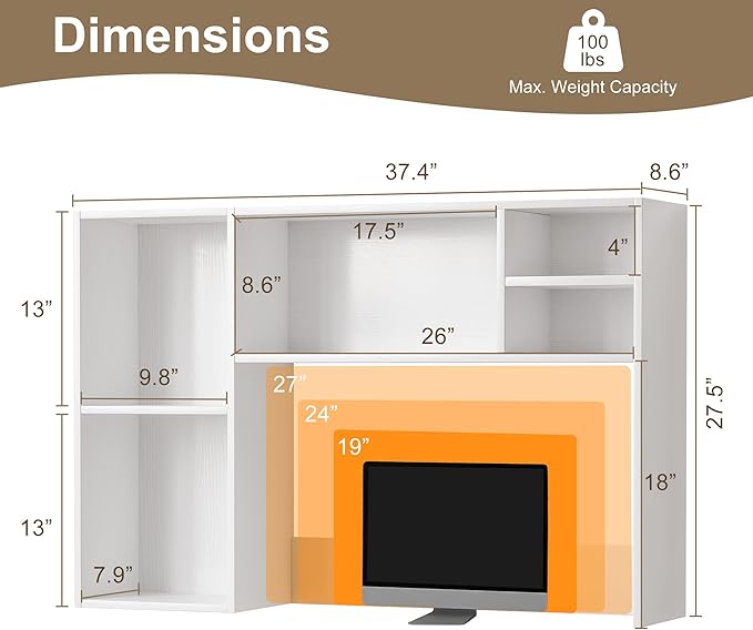 ZIFTY Desk Hutch with 6 Shelves, 37.4" Desktop Bookshelf Organizer for Monitor up to 27", Hutch Top for Computer Desk, Countertop Storage Shelf Wood Display Rack for Office Home Dorm, White