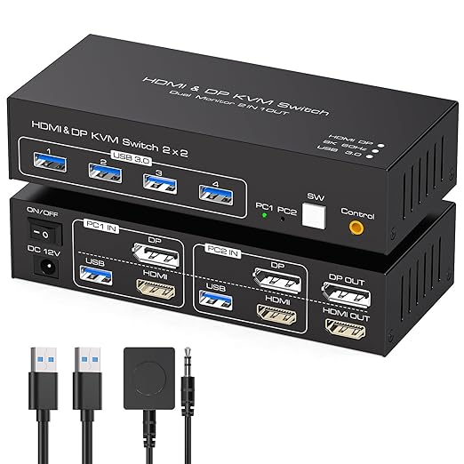 HDMI+Displayport KVM Switch 2 Monitors 2 Computers 8K@60Hz KVM Switcher for Two PC Share Dual Monitors and 4 USB 3.0 Ports Support Extended/Copy Mode with Desktop Controller&2 USB Cables