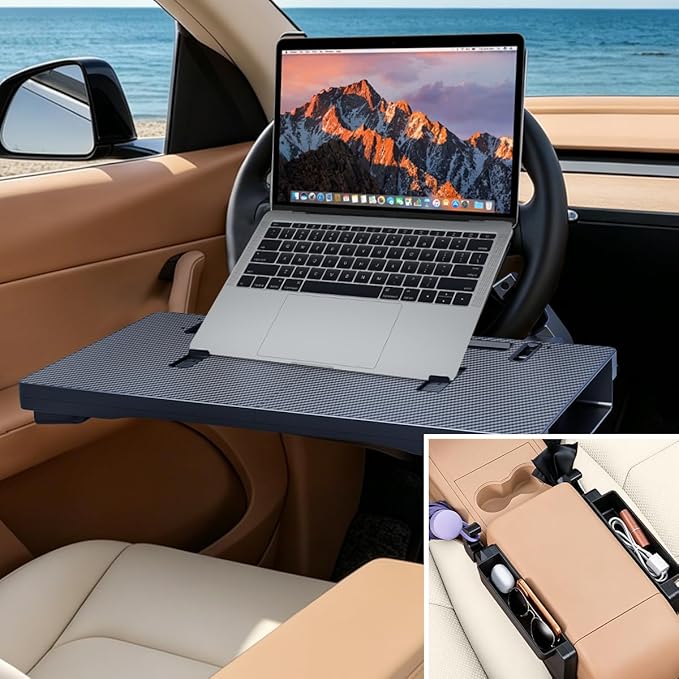 2 in 1 Large Car Steering Wheel Tray Table, Car Seat Gap Filler Organizer, Detachable Car Desk with Carbon Fiber Texture, Steering Wheel Laptop Mount Food Tray Fit for Most Cars