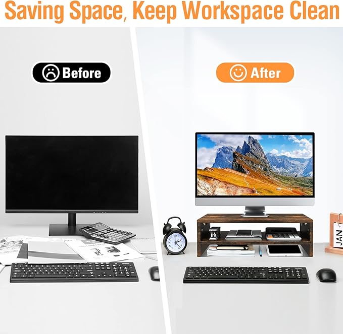 Monitor Stand Riser, 2-Tier Wood Computer Monitor Riser with Storage, Computer Screen Desk Shelf for Monitor, Laptop, PC, iMac, TV & Printer