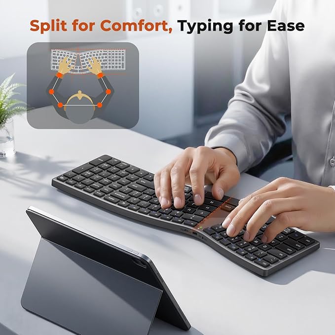 MEETION Wireless Ergonomic Keyboard, S-Curve Design Split Keyboard, 2.4G Wireless & Dual Bluetooth Keyboards, Slim Low-Profile Keys, Type-C Rechargeable, Full-Size Layout for Windows, Mac, PC, Laptop