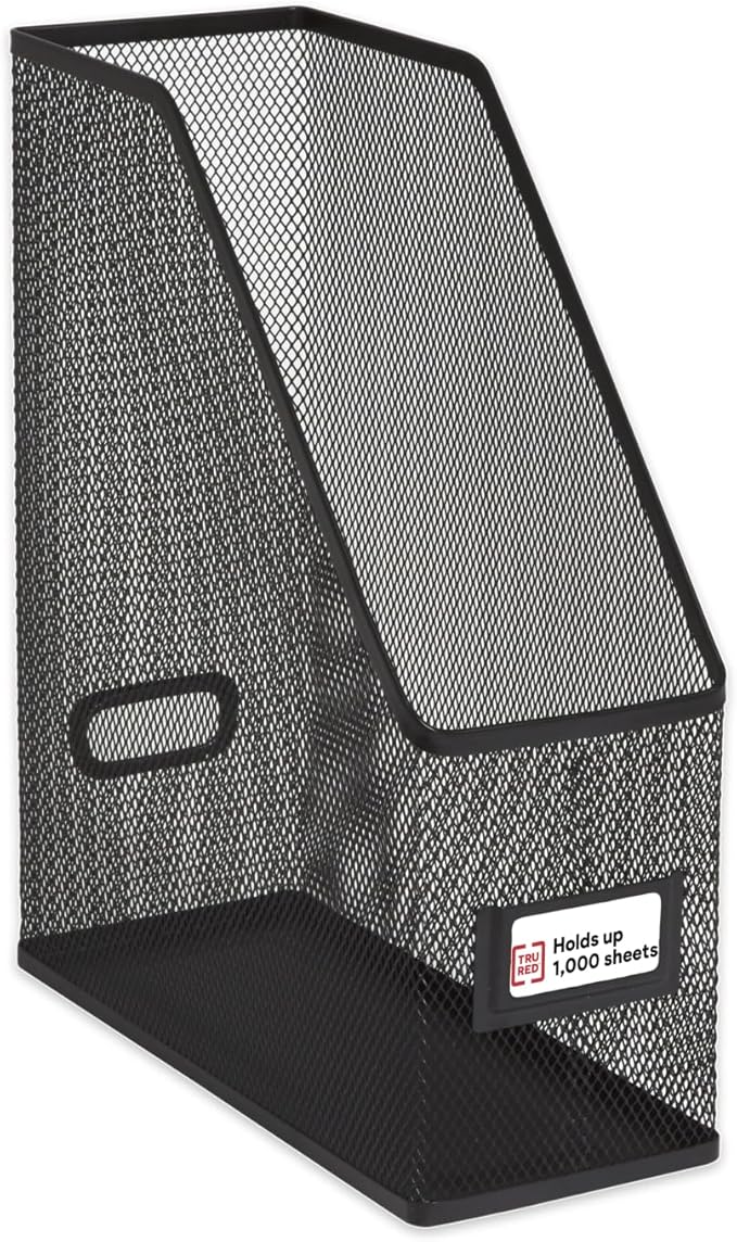 TRU RED Metal Magazine File Organizer, Black – Top‑Loading Desktop File Holder with Handle, Holds Up to 1000 Sheets