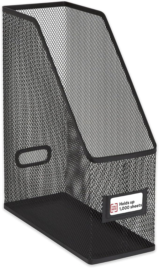 TRU RED Metal Magazine File Organizer, Black – Top‑Loading Desktop File Holder with Handle, Holds Up to 1000 Sheets