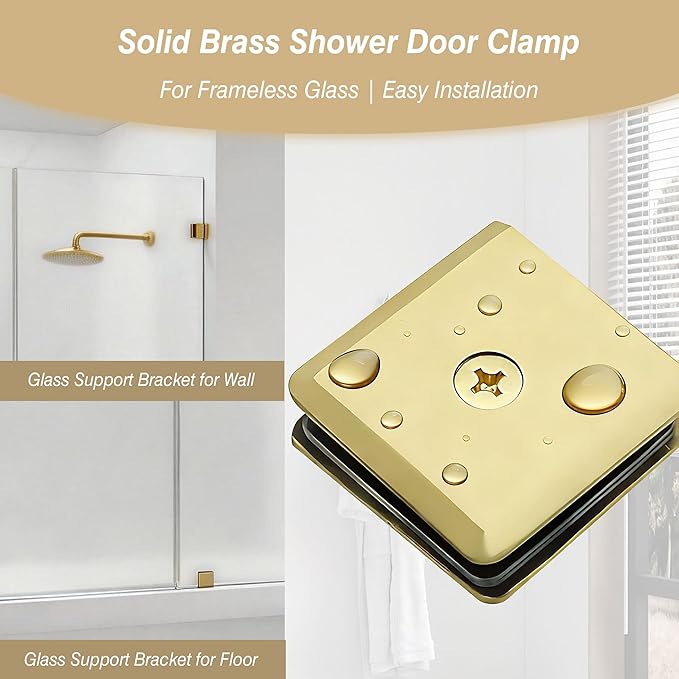 Glass Clamp for Frameless Shower Door, Solid Brass Materials, for 5/16" to 1/2" (8-12mm) Glass, Wall or Floor Mount Fixed Clips Hardware Kit, Gold Finish