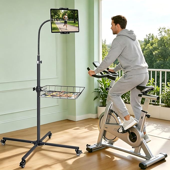 wishacc Rolling Tablet Floor Stand with Industrial Wheels & Storage Basket, Adjustable Height Gooseneck Tablet Stand Floor Holder for iPad Pro 12.9, Air, Mini, Cell Phones (Medium)