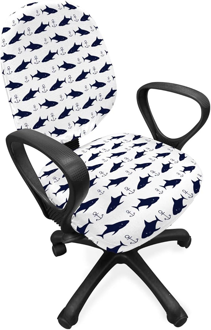 Ambesonne Anchor Office Chair Slipcover, Aquatic Pattern with Sharks and Anchors Contemporary Classical Modern Fish Animal, Protective Stretch Decorative Fabric Cover, Standard Size, Indigo White