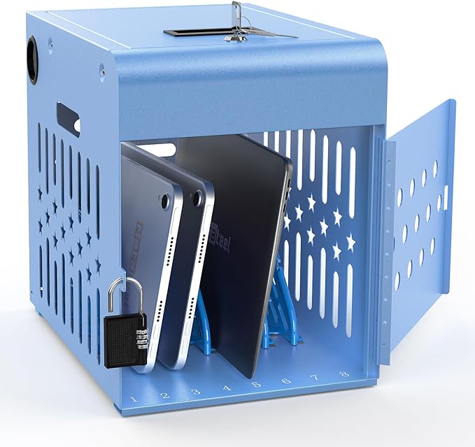 8 Tablet Charging Station Lock Box - Fits 14" Screen, Steel Case & Lockable Door,2 Keys Included - for Chromebook,ipads,Laptop and Tablets - Ideal for Offices, Classrooms and Hospitals(Blue)