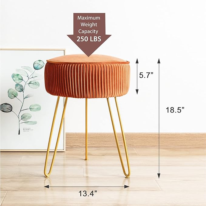 LUE BONA Pleated Vanity Stool, Velvet Upholstered Vanity Stool for Makeup Room, Round Mondern Stool for Vanity, Ottoman Footrest Stool with Metal Legs for Living Room, Bedroom, Pumpkin Brown
