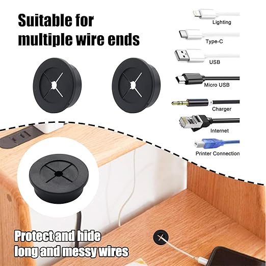 6 Pcs 32mm / 1-1/4 Inch Black Cable Cord Grommets, Rubber Desk Grommets for Table Computer Desk Wire Organizer TV Console and Other Furnitures Cover