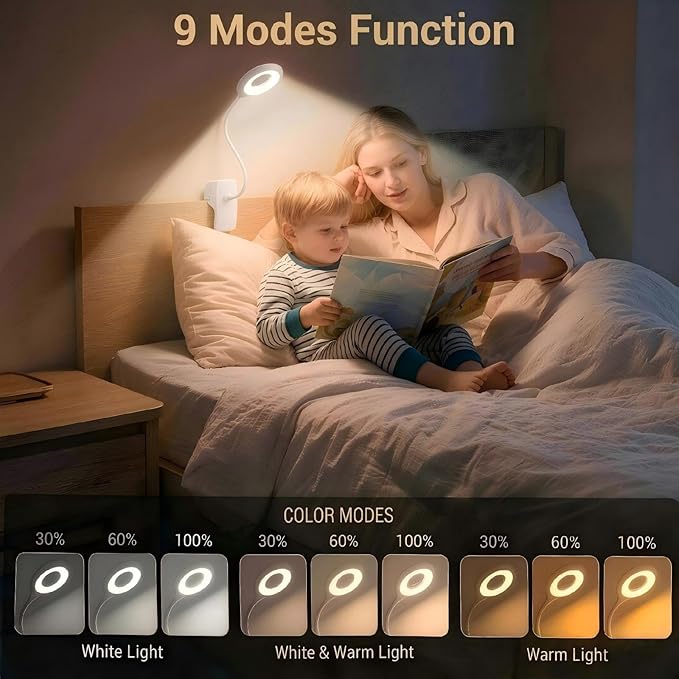 LACOKI Clip on Rechargeable Reading Light for Bed, 3 Color x 3 Brightness 28 LEDs Desk Light, Eye-Caring Desk Lamp with Clamp for Headboard, Table, Desk