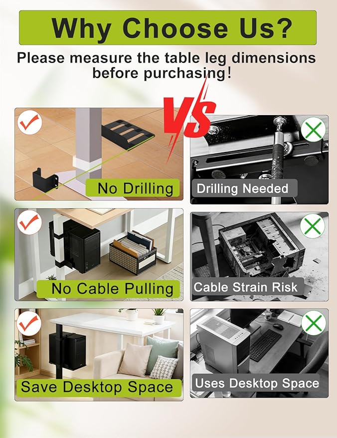 No-Drill Under Desk PC Mount, Adjustable CPU Holder for Standing Desk, Compatible Only with 65mm × 45mm Desk Legs, Supports up to 50 lbs, Includes Non-Slip Pads