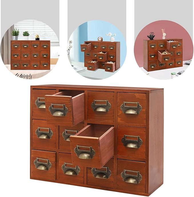 12 Drawer Drawers Storage Cabinet, Wooden Medicine Cabinet Desktop Drawer Organizer Herb Storage Box with Solid Wood Build & No Assembly for organize spices medicines jewelry cosmetics(Brown)