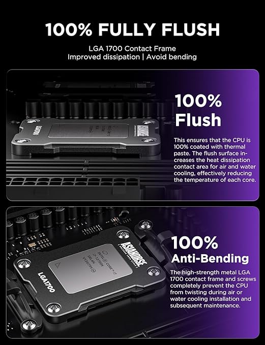 AsiaHorse LGA 1700 CPU Contact Frame, 100% Flush Anti-Bending Secure Frame for Intel CPU, High-Strength Metal Construction Compatible with H610/B660/Z690/Z790 Motherboards, Enhances Cooling Efficiency