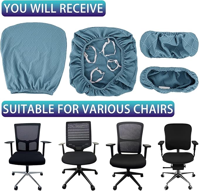 4 Pcs Office Chair Cover Set with 4 Extra Elastic Straps Universal Protective Office Chair Covers Stretchable Desk Chair Cover Office Armrest Cushion Backrest for Rotating Chair (Blue)