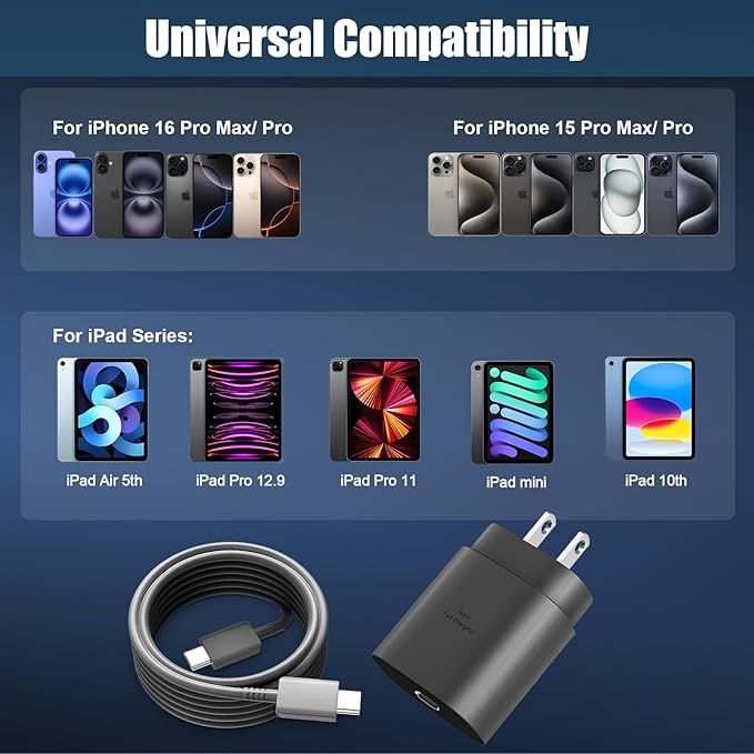 iPhone 16 15 17 Pro Max Charger 30W Type C Chargers USB C Fast Charger Block iPhone 16 Chargers Fast Charging with 8FT C Charging Cable for iPhone 17/17 Pro Max/16/16 Pro Max/15/15 Pro/iPad/Samsung