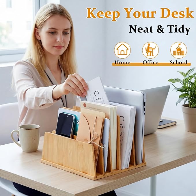 Unittype Bamboo Multi Device Organizer, 7 Slots Vertical Laptop Storage Rack, Computer Charging Station for Smartphones, Tablets and Laptops, Space Saving Organizer for Home Office