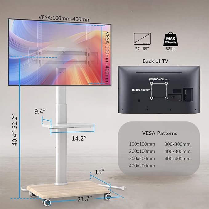 AX WABER Mobile TV Stand with Power Outlets&Shelf, Floor Portable TV Stand with Wheels for 27-65Inch LCD LED OLED Flat/Curved Panel Screen, Swivel,Height Adjustable&Wood Base, RollingTV Cart White