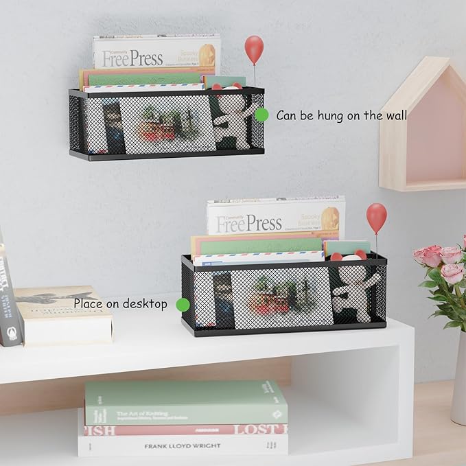 Mail Holder Countertop, Mail Organizer with 2 Slots, Mail Basket Wall Mounted Desktop Mail Sorter Letter Holder Box Envelope Organizer for Home Office, Black
