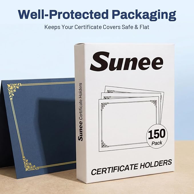 SUNEE Certificate Holders(Navy Blue, 150 Packs), Diploma Covers Gold Foil Border, for Letter Size 8.5x11 Certificates, Cardstock, Document Papers