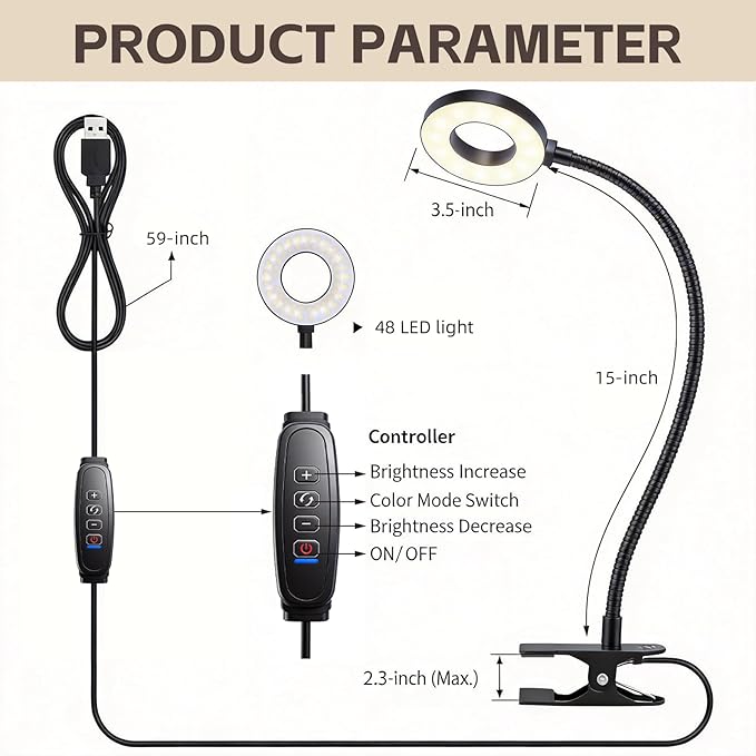 Clip on Light, LED Book Light for Reading in Bed, 48 LED Desk Lamp with Clamp, 3 Color Modes & 10 Brightness, 15" Flexible Gooseneck Reading Light for Bed Headboard, Dorm, Crafting, Home Office