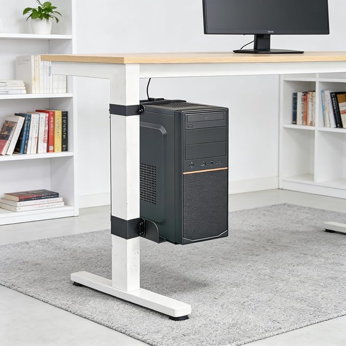 Desktop Under Desk PC Holder(40 lb Load Capacity), No Drilling Suspended Bracket, Clamp-on Desk Leg PC Mount, Under Table Computer Mount, Adjustable Computer Tower Stand for 80mm×50mm Legs