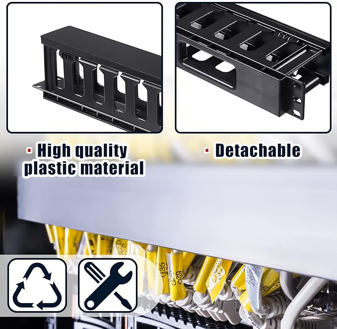 Leinuosen 4 Pcs 1U Rack Cable Management Sleeves Horizontal Mount Cable 12 Slot Management Clips Rack with Panel Cover 19 Inch for Wall Shelf Mount