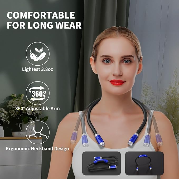 LUXJET Neck Reading Light & Book Light for Reading in Bed - Hands Free, 6 Brightness Levels, 360° Flexible Arms, 80-Hour Rechargeable - Reading, Knitting, Camping, Repairing - Gifts for Book Lovers