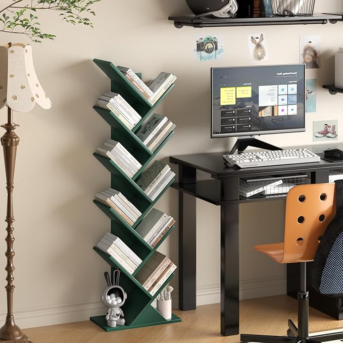 SHEEPAM 10 Tier Tree Book Shelf, Floor Standing Wood Bookshelf for Narrow Space, Storage Organizer Bookshelves for Books/CDs/Magazine, Bookcase with Shelves for Home Office, Living Room