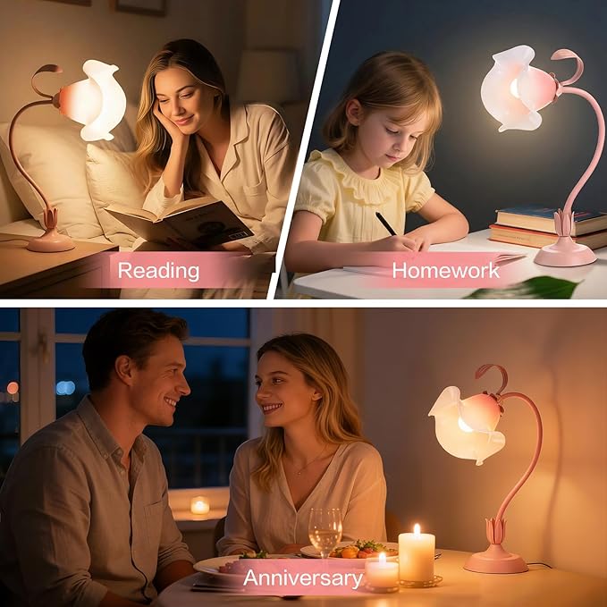 Flower Desk Lamp, 3 Color Modes LED Reading Light,Silicone Flexible Arm Book Light for Reading, Cute Bedside Table Lamp Bedroom Living Room Decor, Perfect Mother's day Valentine‘s Birthday Gift
