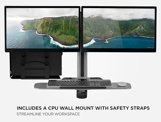 Mount-It! Dual Monitor Wall Mount Workstation with Keyboard Tray & CPU Holder, Sit-Stand Gas Spring Computer Station, Fits Two 27” Displays, 17.6 lbs Each, VESA 75x75 100x100