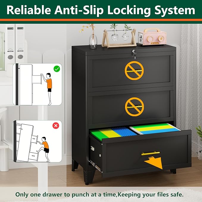winiowa 3 Drawer File Cabinet, Metal Lateral File Cabinet with Lock, Locking Filing Cabinets for Home Office,Wide Office Storage Cabinet for Hanging Files Letter/Legal/F4/A4 Size (Black, 3-Drawer)