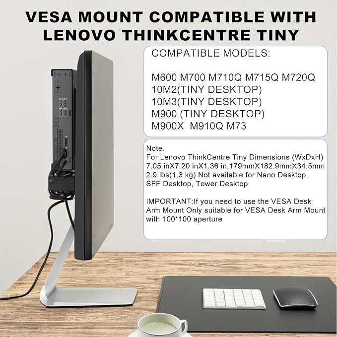 Mini PC VESA Mount Compatible with Lenovo Thinkcentre Tiny M90q Gen2, M80q Gen3, M90q Gen3, M90q Gen2, M70q Gen2, M60e, M75q Gen2, Under Desk and Wall Mount,75x75mm or 100x100mm Monitor Arm Wall Mount