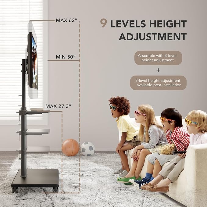 AX WABER Universal Floor TV Stand, Portable Rolling Floor TV Mount with Wheels, 80 Degree Swivel Height Adjustable for 27 to 65 Inch LCD LED OLED TVs, Holds up to 88 lbs Mobile TV Cart