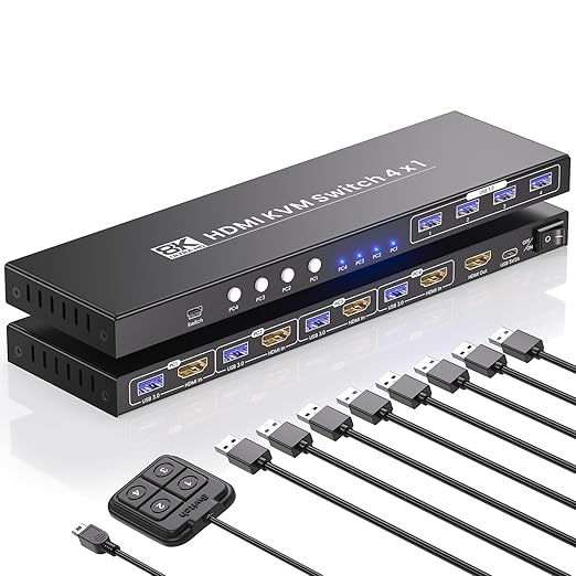 4 Port HDMI KVM Switch 1 Monitor 4 Computers, 8K60Hz 4K120Hz USB 3.0 KVM Switch, Control 4 PCs with 1 Monitor, Keyboard and Mouse