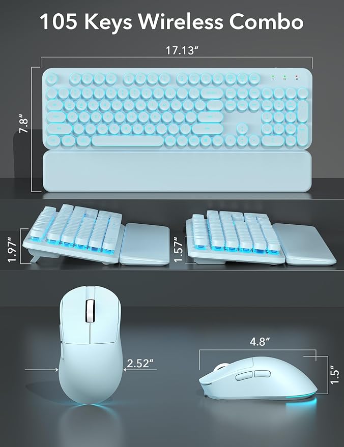 Wireless Keyboard and Mouse Backlit - Typewriter Keyboard with Detachable Wrist Rest, Light Up Letters, 2.4G Rechargeable Combo for Mac, Windows, PC, Laptop, Trueque (Blue)