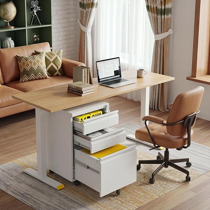 3 Drawer Metal File Cabinet with Lock and Wheels, Mobile Under Desk Filing Cabinet for Home Office, Lockable Organizer for Letter/Legal/A4, Rolling Storage Cabinet for Office & Study,White