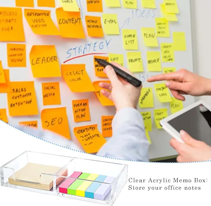Sticky Notes Holder 2in1 Memo Pad Dispenser,7.68" x 3.9" x 1.38" Clear Desk Supplies Organizer Accessories for Office Home School Post Bank (DP013)
