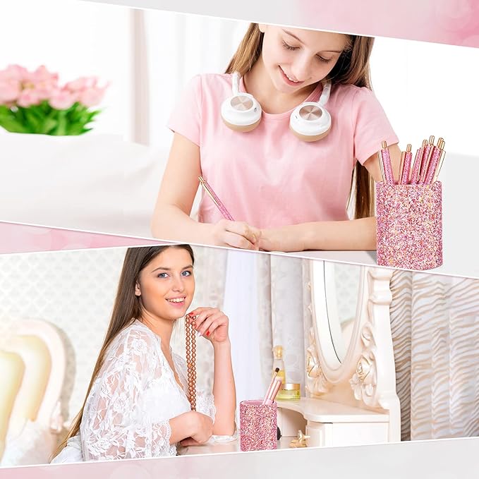 BBTO Bling Sequin Pen Holder with 6 Pcs Sequin Click Pens Cute Glitter Retractable Ballpoint Pens, Pencil Cups for Desk Organizer Makeup Brush Holder for Women Girls Classroom Offices(Pink)