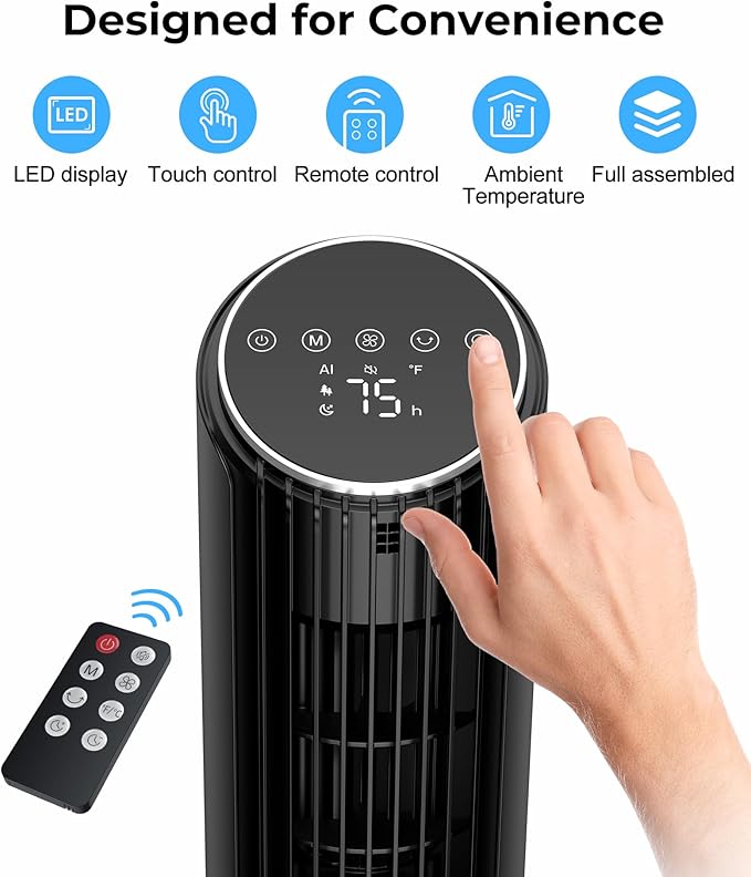 Abolee Tower Fan, 23ft/s Desk Fan with Remote, 70° Oscillating, Standing Table Fan with 4 Speeds, 4 Modes, 12Timer, 2026 New 13'' Bladeless Fan for Bedroom Office, Home