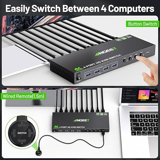 4 Port HDMI KVM Switch 4K@60Hz, Simulation EDID, ANGEET USB3.0 KVM Switches for 4 Computers Share 1 Monitor and Keyboard Mouse Printer, with Wired Remote,12V Power Adapter and 5 Cables