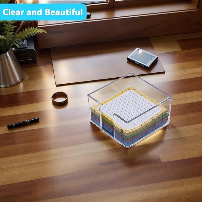 Acrylic Sticky Note Holder - 3 x 3 Sticky Note Dispenser with 4 Sets of Colored Sticky Notes for Office and Home Desktop Organizer