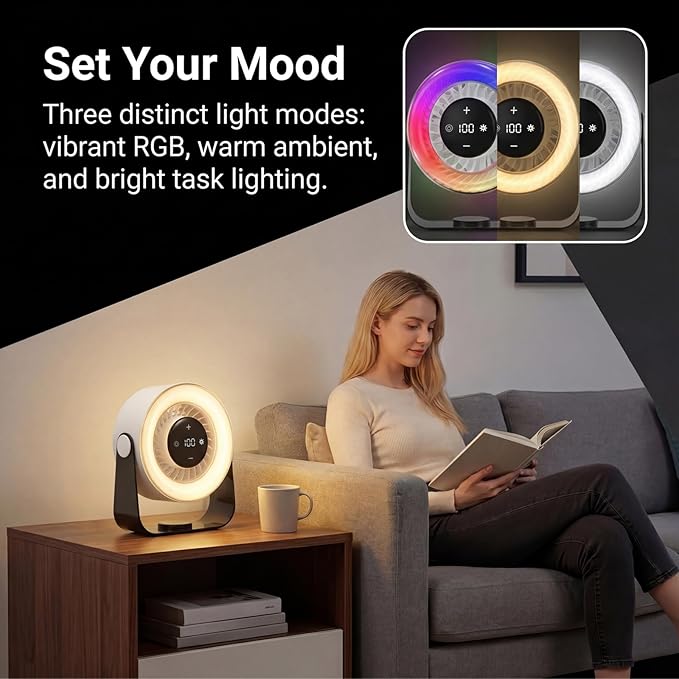 Desk Fans for Bedroom,Portable Colored LED Light 100 Speed Digital Display USB Rechargeable Table Fan,Quiet Wall-Mounted Desk Fan for Home Office Bedroom Camping Traveling(White)