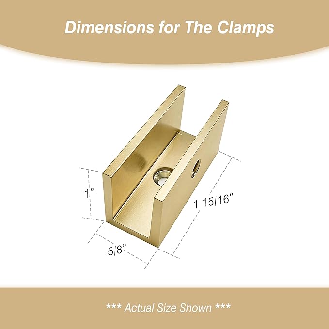 Solid Brass Glass Clamp – Fixed Mount Bracket Hardware Kit for 3/8" to 1/2" (10-12mm) Glass, Gold Finish