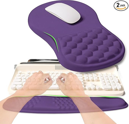 2-in-1 Ergonomic Set, Wave Rise Keyboard Wrist Rest and Massage Bulge Slope Mouse Pad Wrist Support, Cushion Memory Foam Integrated to Relieve Wrist Pain, Dark Purple